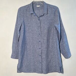 GARNET HILL Lagenlook Preppy Beach 100% Linen Cottage Core Chambray Blue Tunic M